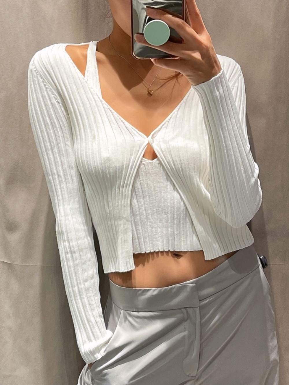 Zara White 2-in-1 Ribbed Knit Top & Connected Tank Set - Size S
